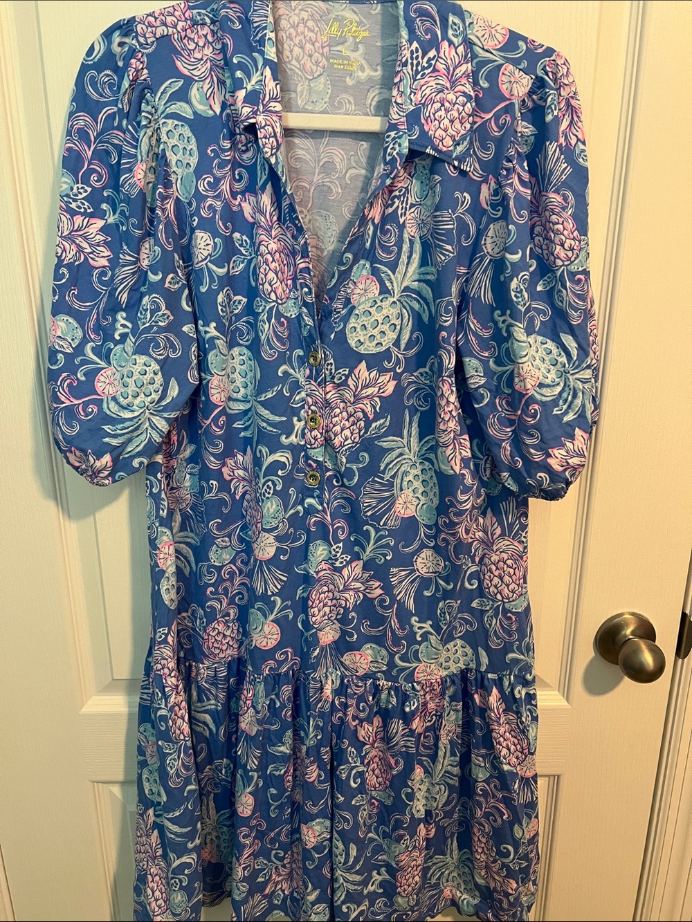 Lilly Pulitzer Blue Pineapple Floral Button-Front Dress Bingley Large